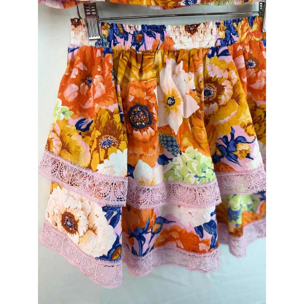 Buddy Love Girls Floral 2 Piece Set Orange Pink Lace Tiered Skirt Crop Top Sz 14